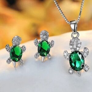 Silver Green Diamond Turtle Necklace with Matching Earrings